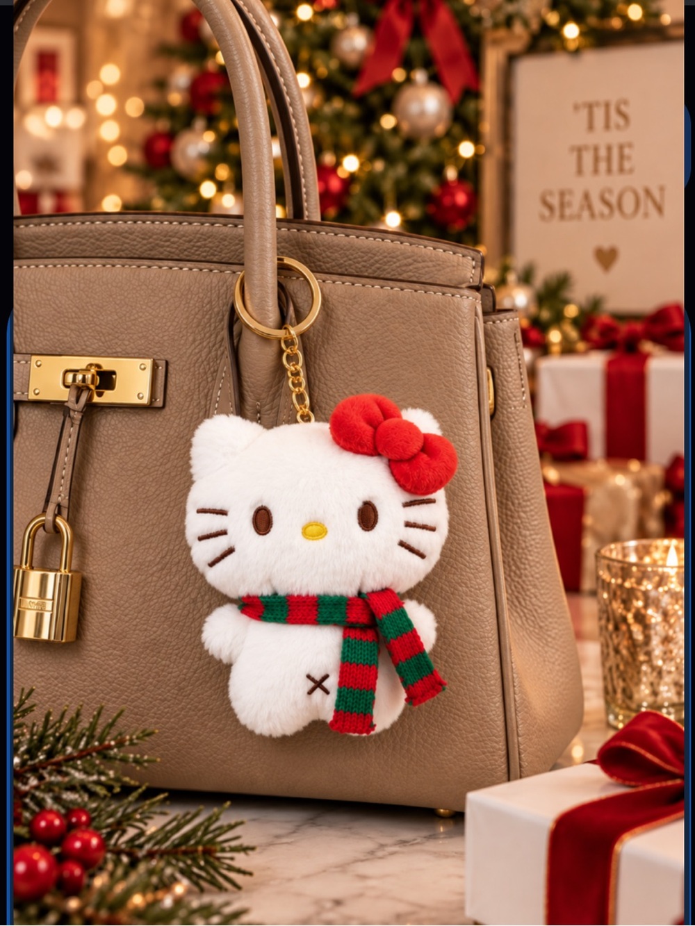 NWT Hello Kitty theme Hand Made Plush Bag Charm/ Keychain Holiday Christmas Gift